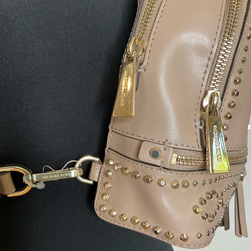 Michael Kors Rhea Studded Leather Mini Backpack in Taupe - Picture 6 of 16